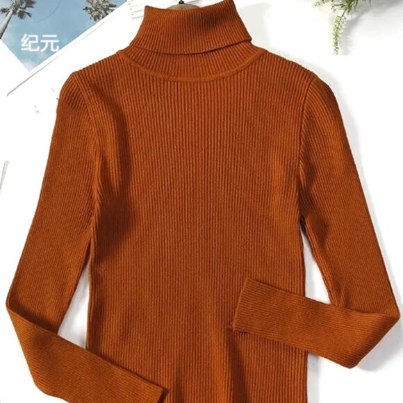 DARK CARAMEL RUST FINELY RIBBED O/S LIGHTWEIGHT LONG SLEEVE TURTLENECK SWEATER - Picture 1 of 1